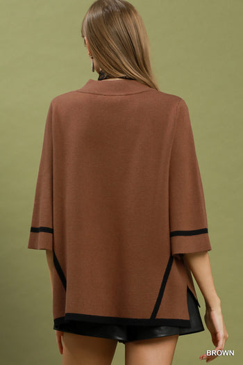 Umgee Mock Neck Contrast Trim Short Sleeve Knit Sweater Top in Brown