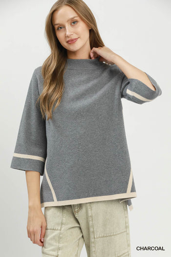 Umgee Mock Neck Contrast Trim Short Sleeve Knit Sweater Top in Charcoal
