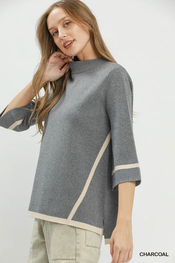 Umgee Mock Neck Contrast Trim Short Sleeve Knit Sweater Top in Charcoal