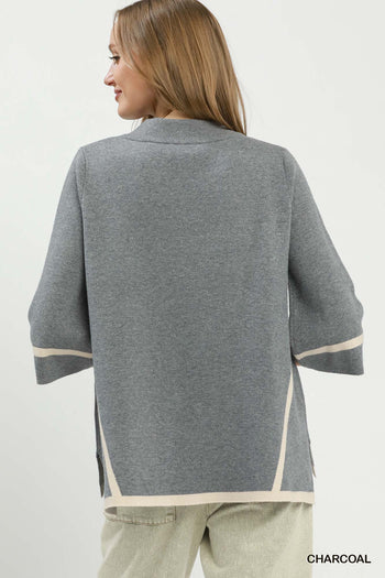 Umgee Mock Neck Contrast Trim Short Sleeve Knit Sweater Top in Charcoal