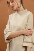 Umgee Mock Neck Contrast Trim Short Sleeve Knit Sweater Top in Cream