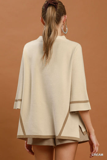 Umgee Mock Neck Contrast Trim Short Sleeve Knit Sweater Top in Cream