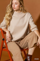 Umgee Mock Neck Contrast Trim Short Sleeve Knit Sweater Top in Cream