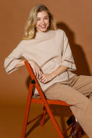 Umgee Mock Neck Contrast Trim Short Sleeve Knit Sweater Top in Cream