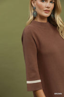 Umgee Mock Neck Contrast Trim Sweater Dress in Brown