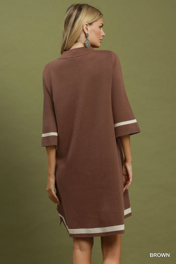 Umgee Mock Neck Contrast Trim Sweater Dress in Brown