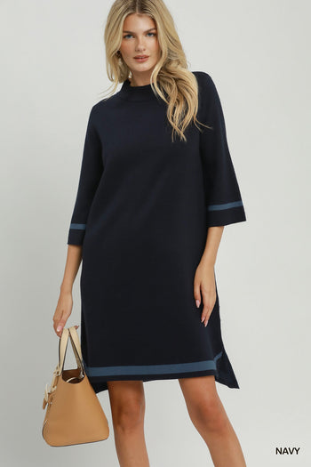 Umgee Mock Neck Contrast Trim Sweater Dress in Navy