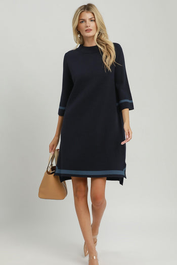 Umgee Mock Neck Contrast Trim Sweater Dress in Navy