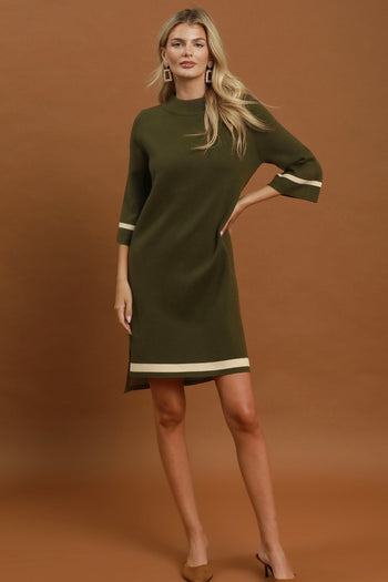 Umgee Mock Neck Contrast Trim Sweater Dress in Olive