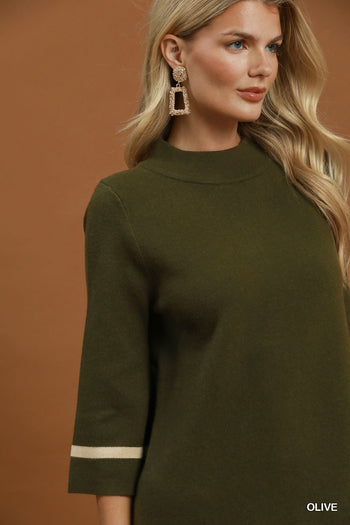 Umgee Mock Neck Contrast Trim Sweater Dress in Olive
