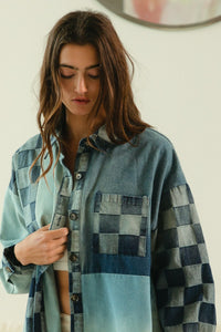 BiBi Checkered Denim Mix N Match Patched Top in Denim