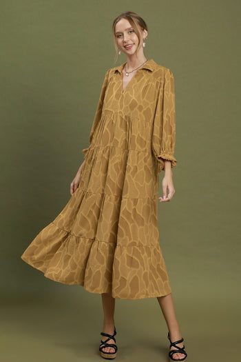 Umgee Textured Tiered Midi Dress in Mustard