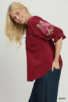 Umgee Embroidered Sleeve Corduroy Blouse in Berry
