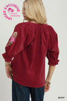 Umgee Embroidered Sleeve Corduroy Blouse in Berry