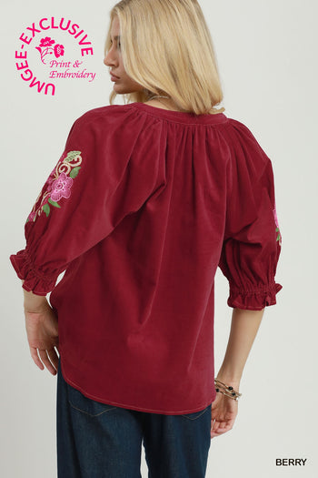Umgee Embroidered Sleeve Corduroy Blouse in Berry