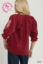 Load image into Gallery viewer, Umgee Embroidered Sleeve Corduroy Blouse in Berry
