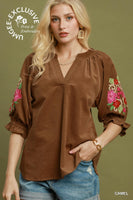 Umgee Embroidered Sleeve Corduroy Blouse in Camel