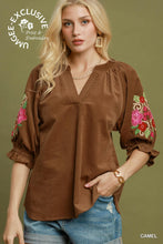 Load image into Gallery viewer, Umgee Embroidered Sleeve Corduroy Blouse in Camel
