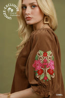 Umgee Embroidered Sleeve Corduroy Blouse in Camel