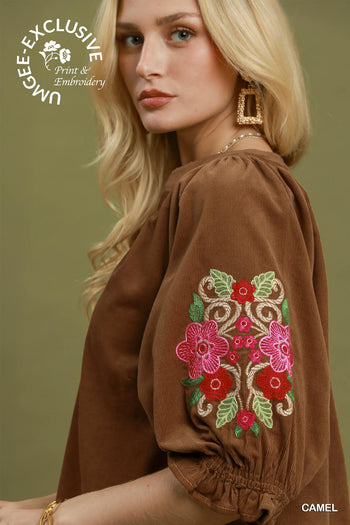 Umgee Embroidered Sleeve Corduroy Blouse in Camel