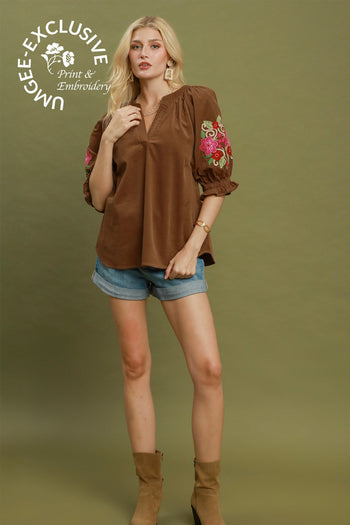 Umgee Embroidered Sleeve Corduroy Blouse in Camel