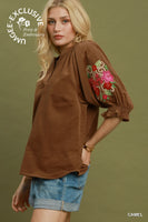 Umgee Embroidered Sleeve Corduroy Blouse in Camel