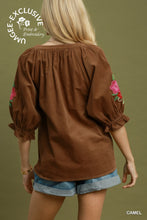Load image into Gallery viewer, Umgee Embroidered Sleeve Corduroy Blouse in Camel
