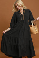 Umgee Seersucker Tiered Maxi Dress with Ruffle Collar in Black