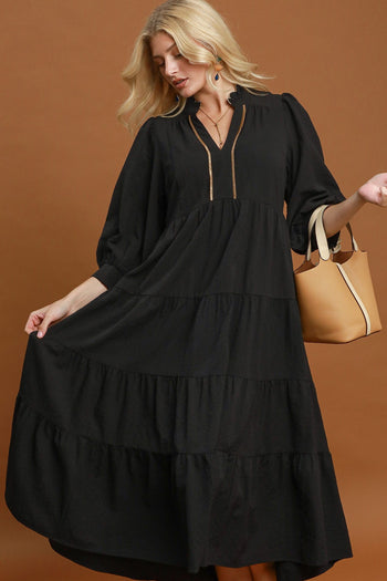 Umgee Seersucker Tiered Maxi Dress with Ruffle Collar in Black