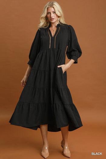 Umgee Seersucker Tiered Maxi Dress with Ruffle Collar in Black
