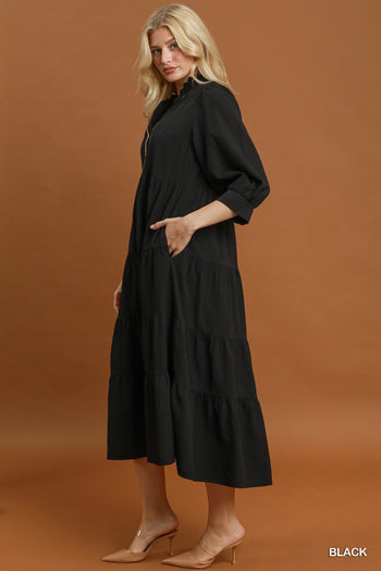 Umgee Seersucker Tiered Maxi Dress with Ruffle Collar in Black
