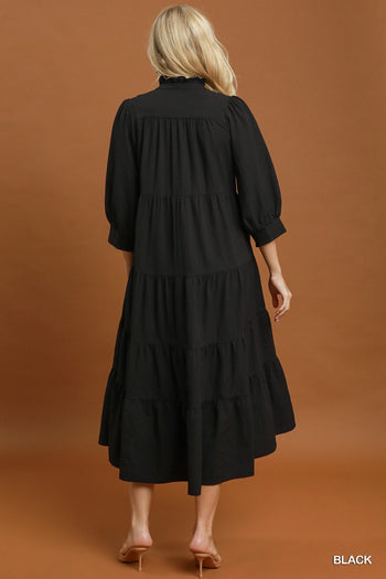 Umgee Seersucker Tiered Maxi Dress with Ruffle Collar in Black