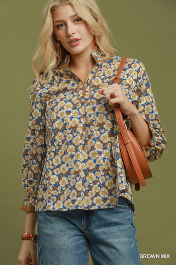 Umgee Mix Floral Print Mandarin Collar Blouse in Brown Mix