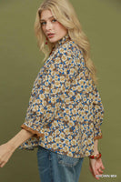 Umgee Mix Floral Print Mandarin Collar Blouse in Brown Mix