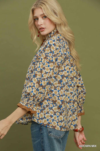 Umgee Mix Floral Print Mandarin Collar Blouse in Brown Mix