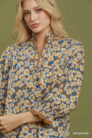Umgee Mix Floral Print Mandarin Collar Blouse in Brown Mix