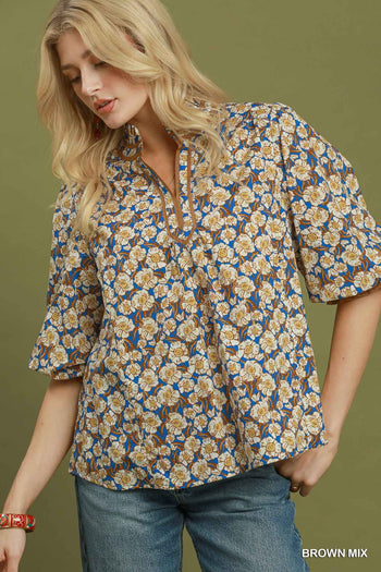 Umgee Mix Floral Print Mandarin Collar Blouse in Brown Mix