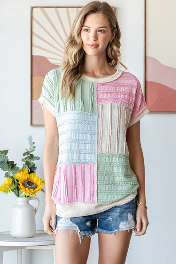 7th Ray Textured Color Block Top in Sage/Pink