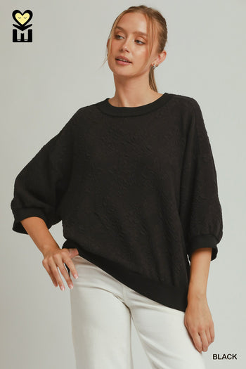 Umgee Textured Jacquard 3/4 Sleeve Pullover Top In Black