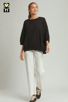 Umgee Textured Jacquard 3/4 Sleeve Pullover Top In Black