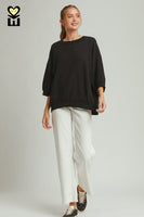 Umgee Textured Jacquard 3/4 Sleeve Pullover Top in Black