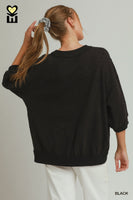 Umgee Textured Jacquard 3/4 Sleeve Pullover Top In Black