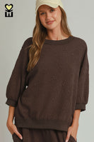 Umgee Textured Jacquard 3/4 Sleeve Pullover Top In Coco Brown