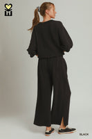 Umgee Textured Jacquard Straight Pants  in Black