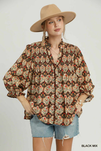Umgee Boho Floral Medallion Print Split Neck Blouse in Black Mix