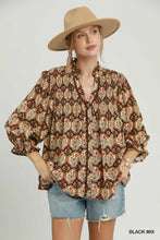 Load image into Gallery viewer, Umgee Boho Floral Medallion Print Split Neck Blouse in Black Mix
