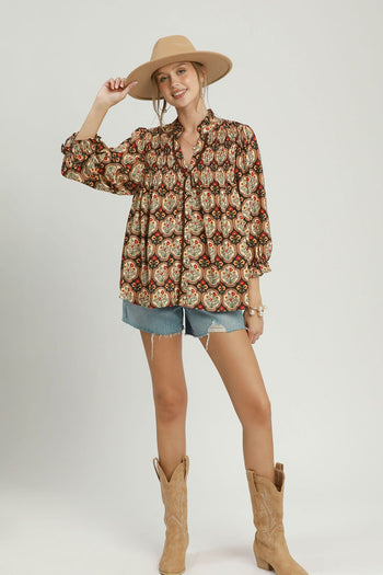 Umgee Boho Floral Medallion Print Split Neck Blouse in Black Mix