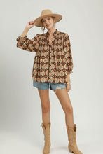 Load image into Gallery viewer, Umgee Boho Floral Medallion Print Split Neck Blouse in Black Mix

