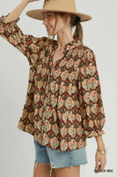 Umgee Boho Floral Medallion Print Split Neck Blouse in Black Mix