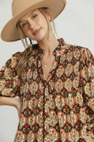 Umgee Boho Floral Medallion Print Split Neck Blouse in Black Mix
